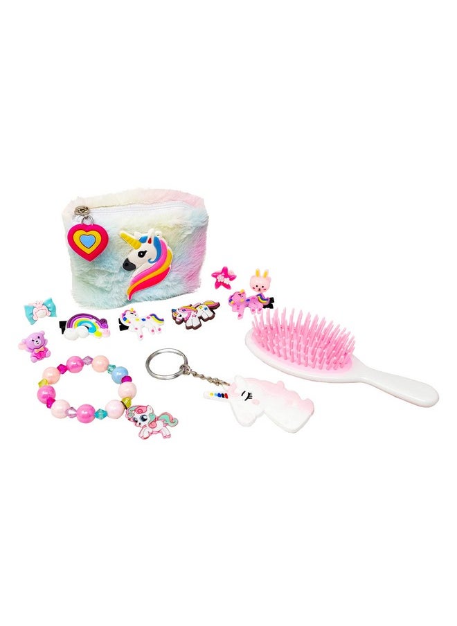 Combo Unicorn Fer Pouch For Girls With 4 Hair Clips, 4 Rings, 1 Bracelet, 1 Keychain And 1 Comb, Return Gift For Kids, Gift Pack (Pack Of 6 Items)