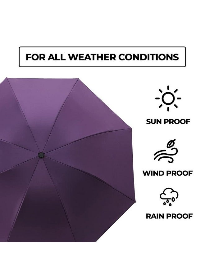 Kuber Industries 3 Fold Manual Umbrella | Windproof, Sunproof & Rainproof | with Polyester Canopy, Sturdy Steel Shaft & Wrist Straps | Easy to Hold & Carry | Umbrella for Women, Men & Kids |Purple