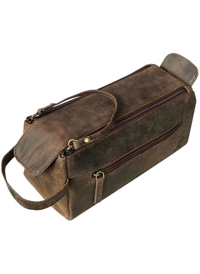 Rustic Town Leather Toiletry Bag for Men & Women - Multifunctional Travel Organizer, Shaving Kit, Makeup Kit, Cosmetic Pouch - Travel Toiletries Gifts (Dark Brown)