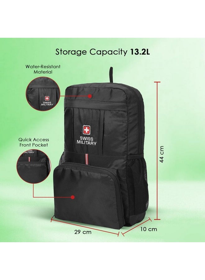 Swiss Military Foldable Backpack, Foldable Bag for Travel for Men, Women,Kids|Space Saving & Durable, Lightweight|Travel Backpack for Men, Bagpacker Bag for Men, 13.2L, Black, 1