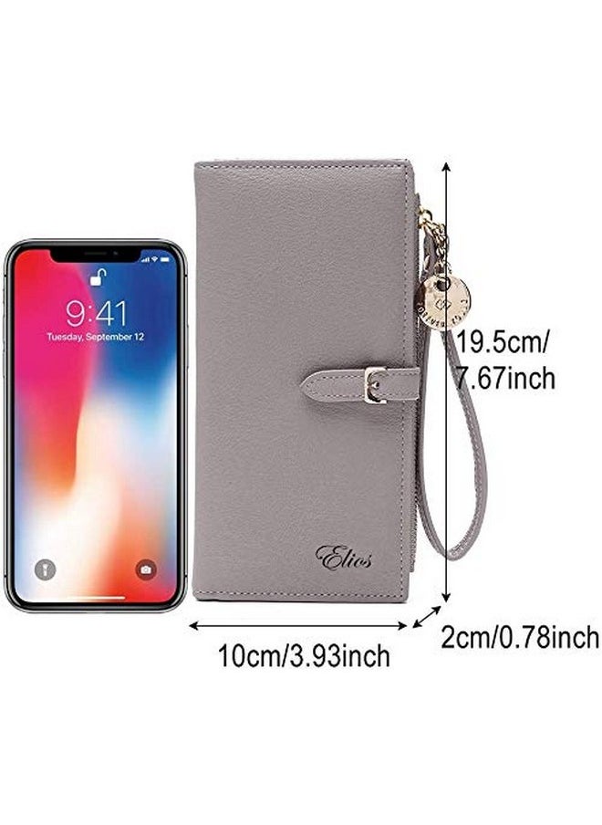 Elios Women Long Soft Leather Wallet Zip Purse Multifunction Organizer Card Holder Clutch with Phone Pocket (Grey)