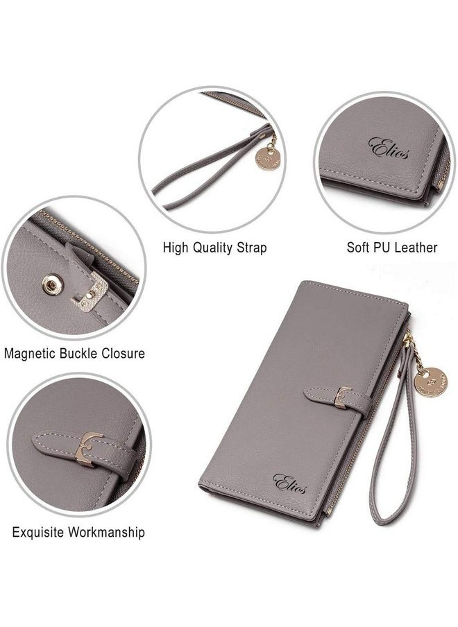 Elios Women Long Soft Leather Wallet Zip Purse Multifunction Organizer Card Holder Clutch with Phone Pocket (Grey)