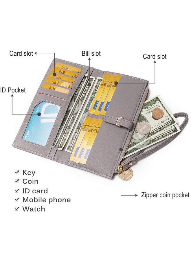 Elios Women Long Soft Leather Wallet Zip Purse Multifunction Organizer Card Holder Clutch with Phone Pocket (Grey)