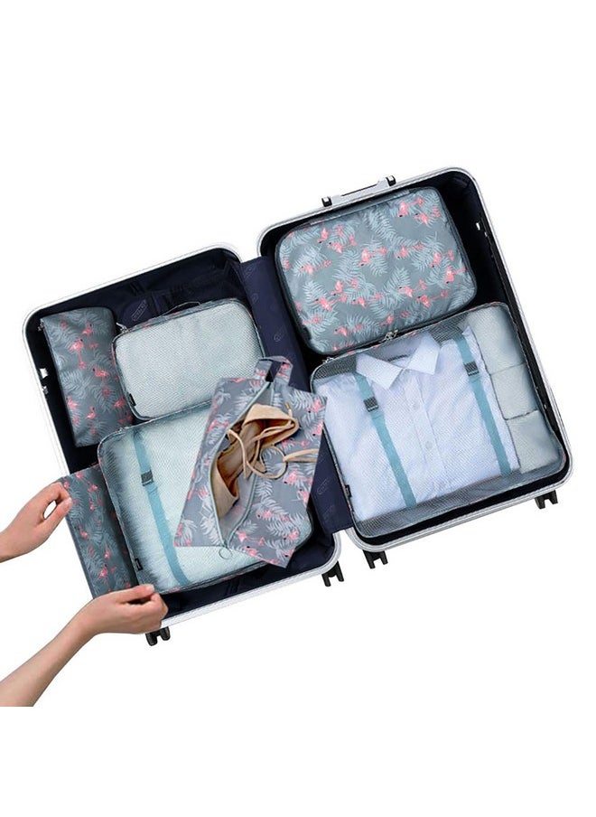 House of Quirk Polyester 7 Set Packing Cubes Luggage Packing Organizers For Travel Accessories (Grey Flamingo)