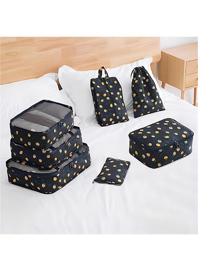 House of Quirk Polyester 7 Set Packing Cubes Luggage Packing Organizers For Travel Accessories (Black Lemon)