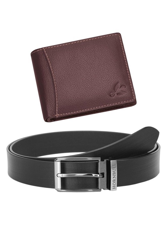HORNBULL Mens Combo Brown Wallet and Black Belt | Genuine Leather Wallet for Men | RFID Combo Wallet Gift Hamper BW10495