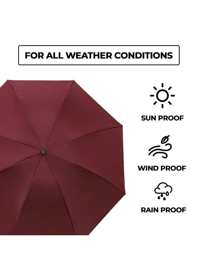 Kuber Industries 3 Fold Manual Umbrella | Windproof, Sunproof & Rainproof | With Polyester Canopy, Sturdy Steel Shaft & Wrist Straps | Easy to Hold & Carry | Umbrella for Women, Men & Kids |Red