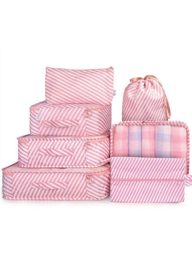 House of Quirk Nylon 7 Set Travel Organizer Bag 3 Packing Cubes + 3 Pouches + 1 Toiletry Organizer Bag, (Pink Stripes), 31 Centimeters