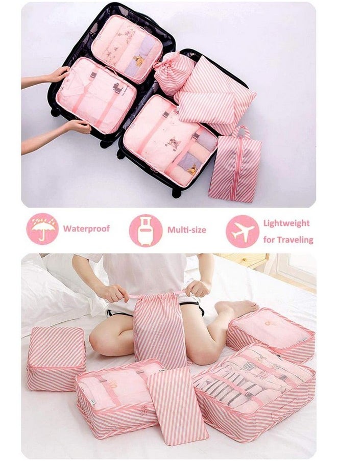 House of Quirk Nylon 7 Set Travel Organizer Bag 3 Packing Cubes + 3 Pouches + 1 Toiletry Organizer Bag, (Pink Stripes), 31 Centimeters