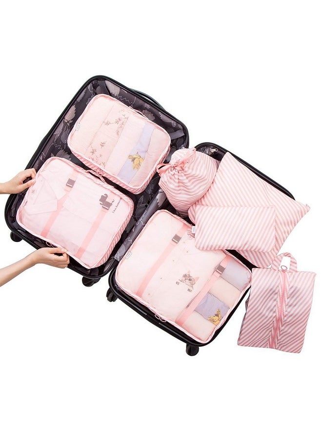 House of Quirk Nylon 7 Set Travel Organizer Bag 3 Packing Cubes + 3 Pouches + 1 Toiletry Organizer Bag, (Pink Stripes), 31 Centimeters