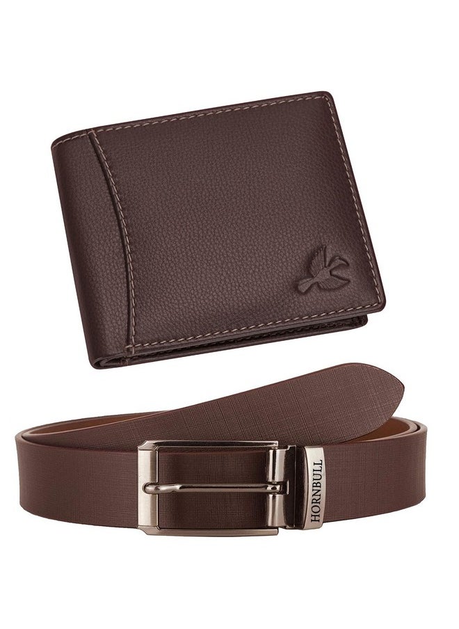 HORNBULL Mens Gift Combo Brown Wallet and Brown Belt | RFID Wallet for Men | Genuine Leather Men's Combo BW3095