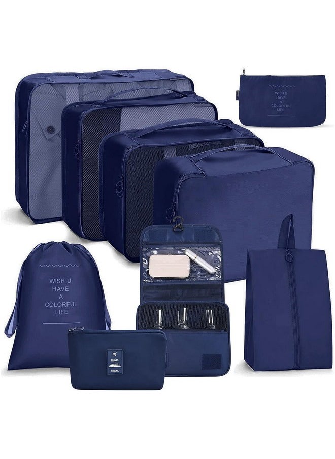 House of Quirk Polyester 9Pcs Set Travel Organizer Packing Cubes Lightweight Travel Luggage Organizers With Laundry Bag (Dark Blue), 30 Centimeters, 12 Centimeters