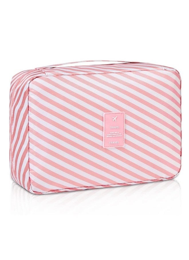 House of Quirk Canvas Striped 18 Cms Cosmetic Bag (L_Travel_Tokit_Pink_Stripes_Pink Stripes)