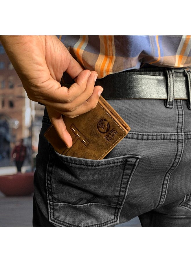 RUSTIC TOWN Mens Wallets - Full Grain Leather Rfid Wallet for Men With ID Window, Card Slots and Coin Pocket (Large, Dark Brown)