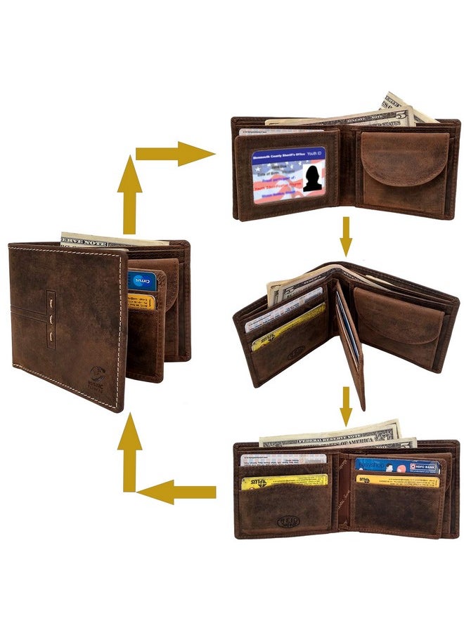 RUSTIC TOWN Mens Wallets - Full Grain Leather Rfid Wallet for Men With ID Window, Card Slots and Coin Pocket (Large, Dark Brown)