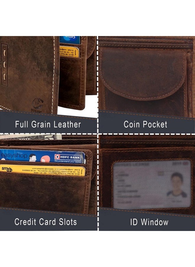 RUSTIC TOWN Mens Wallets - Full Grain Leather Rfid Wallet for Men With ID Window, Card Slots and Coin Pocket (Large, Dark Brown)