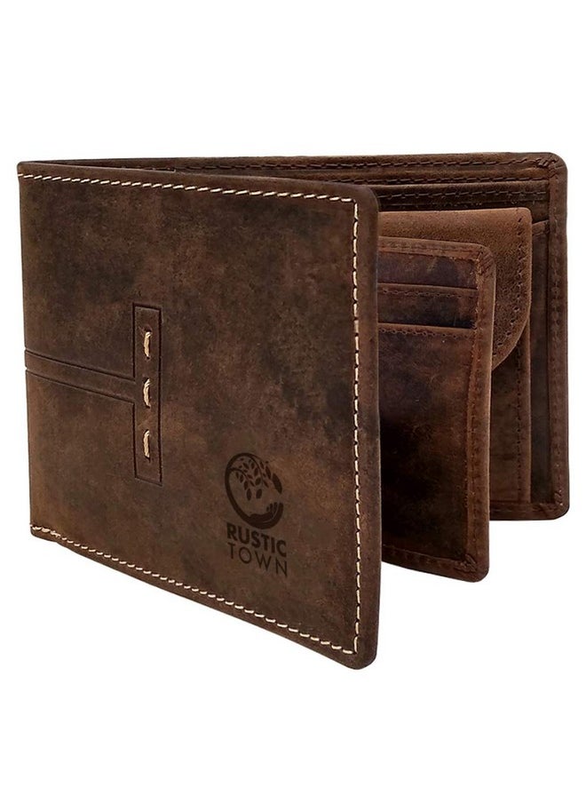 RUSTIC TOWN Mens Wallets - Full Grain Leather Rfid Wallet for Men With ID Window, Card Slots and Coin Pocket (Large, Dark Brown)