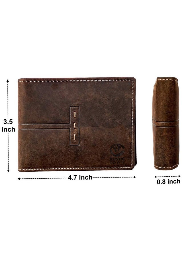 RUSTIC TOWN Mens Wallets - Full Grain Leather Rfid Wallet for Men With ID Window, Card Slots and Coin Pocket (Large, Dark Brown)