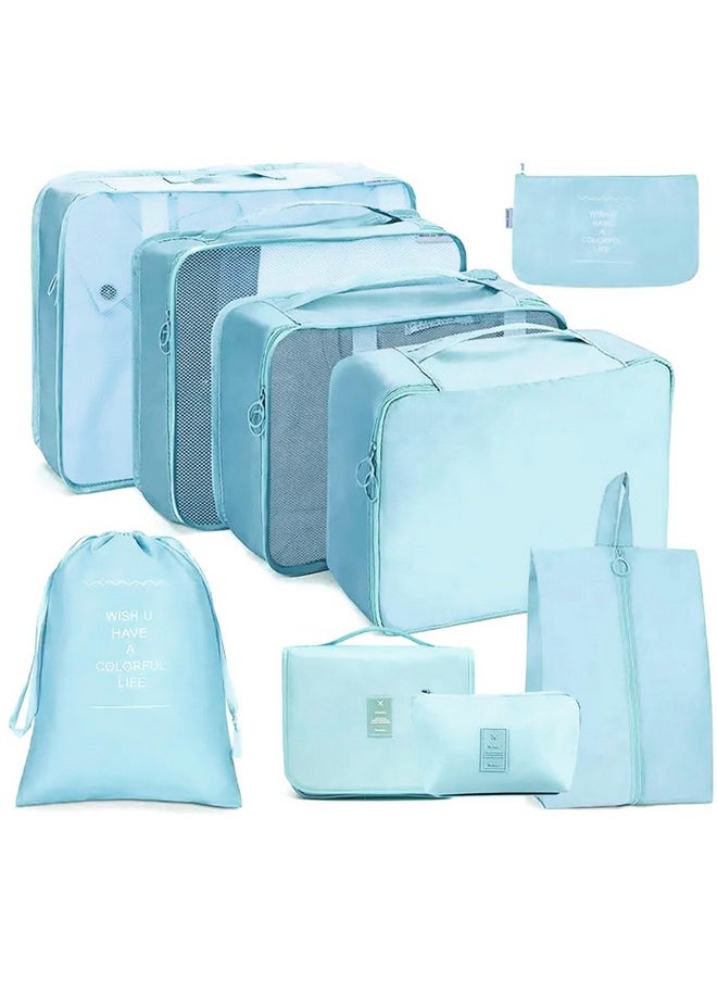 House of Quirk Polyester 9Pcs Set Travel Organizer Packing Cubes Lightweight Travel Luggage Organizers With Laundry Bag Or Toiletry Bag(Light Blue),30 Cm,12 Cm