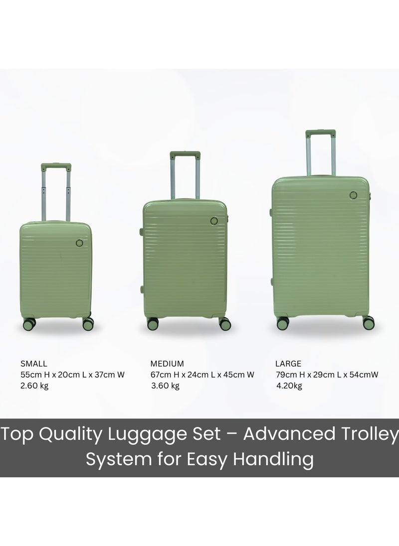 Giordano Pathfinder PP Hardcase Unbreakable Travel Luggage Set, Durable Lightweight 4 Double Wheels Smooth Rolling 3 Piece Suitcase, Secure Lock Travel Bag Dark Green.