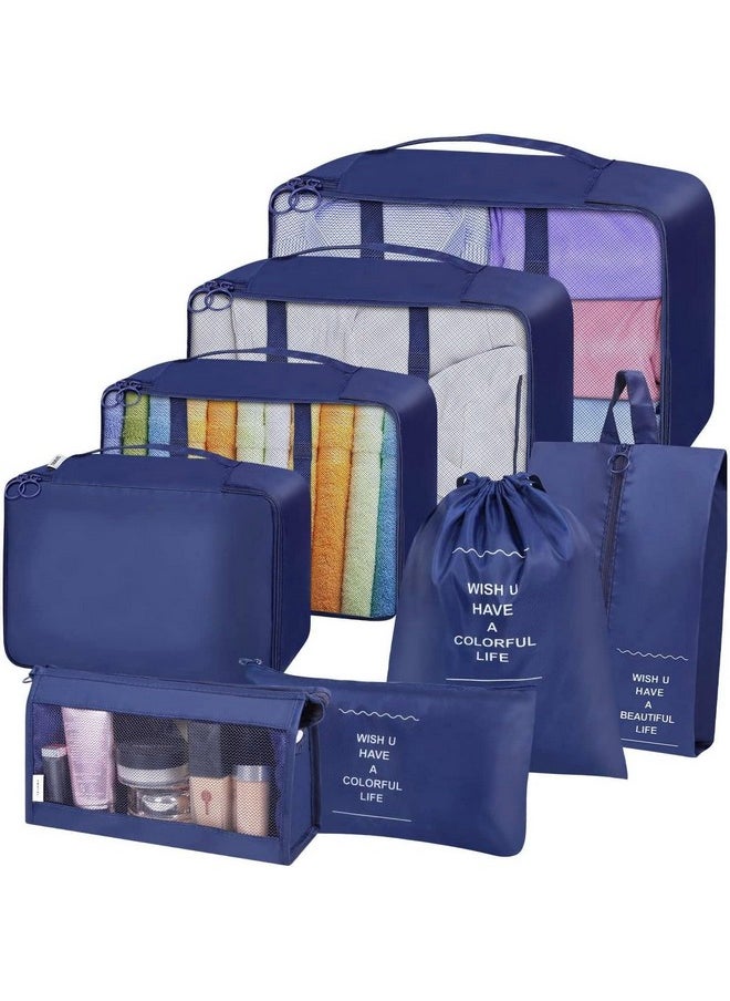 House of Quirk Polyester 8Pcs Set Travel Organizer Packing Cubes Lightweight Travel Luggage Organizers With Laundry Bag Or Toiletry Bag (Dark Blue), 12 Centimeters