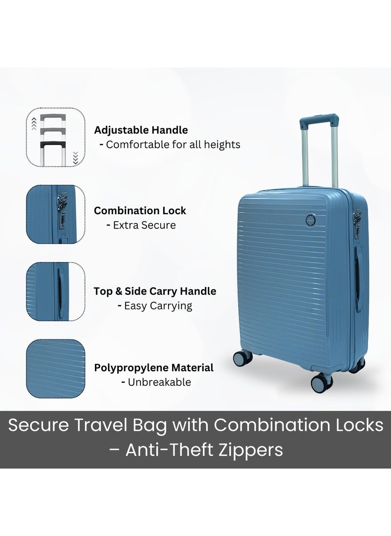 Giordano Pathfinder PP Hardcase Unbreakable Travel Luggage Set, Durable Lightweight 4 Double Wheels Smooth Rolling 3 Piece Suitcase, Secure Lock Travel Bag Sky Blue.