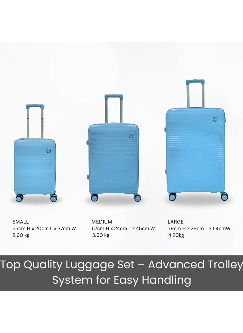 Giordano Pathfinder PP Hardcase Unbreakable Travel Luggage Set, Durable Lightweight 4 Double Wheels Smooth Rolling 3 Piece Suitcase, Secure Lock Travel Bag Sky Blue.