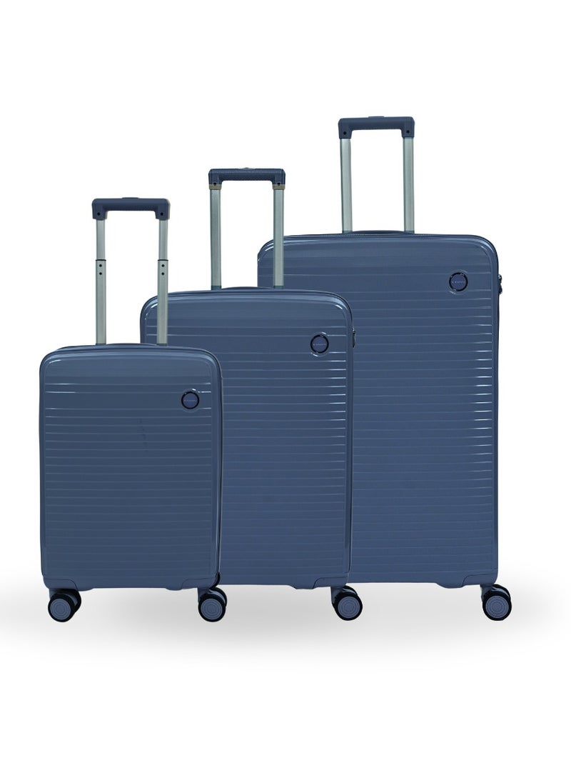 Giordano Pathfinder PP Hardcase Unbreakable Travel Luggage Set, Durable Lightweight 4 Double Wheels Smooth Rolling 3 Piece Suitcase, Secure Lock Travel Bag Navy.