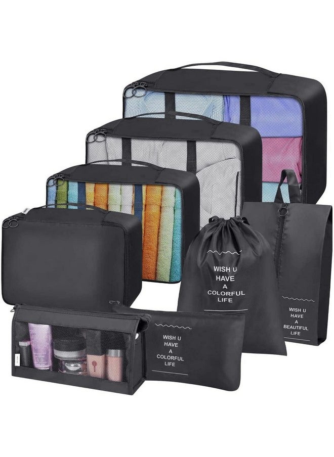 House of Quirk 8Pcs Set Travel Organizer Packing Cubes Lightweight Travel Luggage Organizers With Laundry Bag Or Toiletry Kit Bag ((Black))