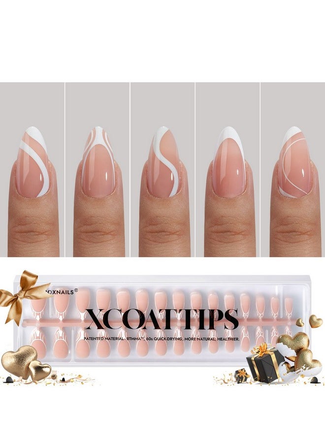 BTArtbox Press On Nails Almond - 5 Styles XCOATTIPS French Tip Almond Nails, Pre-Designed Swirl Soft Gel Nail Tips, Ultra Fit Medium False Nail, Soak Off Acrylic Fake Nails Extensions