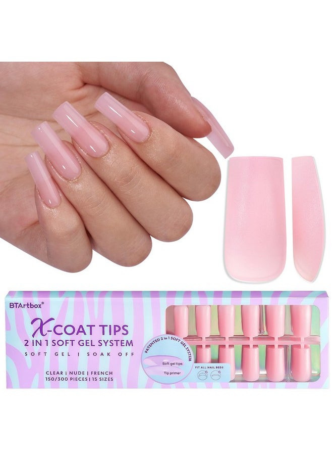 BTArtbox XCOATTIPS Soft Gel Nail Tips - Christmas Long Square Press On Nails Pink Colored Natural with Tip Primer Cover, One-Step Full Cover Fake Nails Gel Nails for Nail Extensions Art