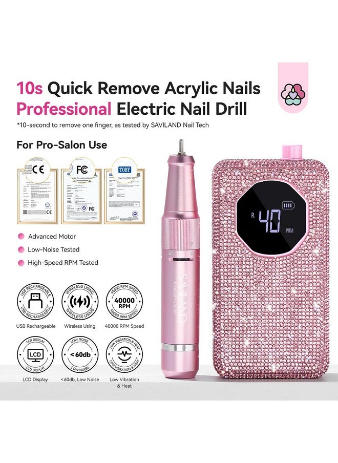 SAVILAND Professional Nail Drill 40000 RPM: Portable Diamond Nail Drill Kit Rechargeable 4000 mAh Electric Nail File for Thick Acrylic Nails with Ceramic Nail Drill Bits Sanding Bands Nail Tech Salon