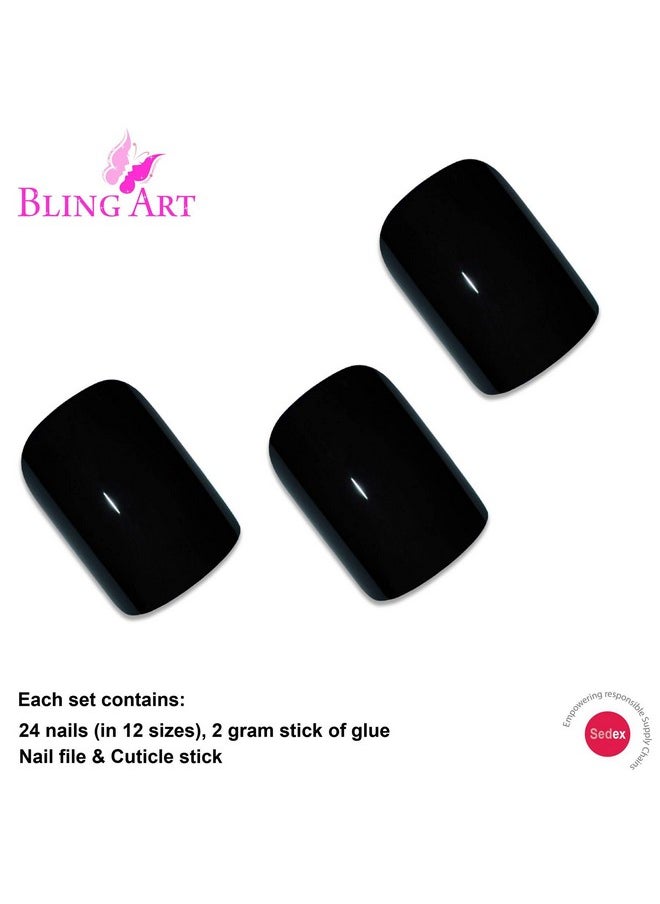 False Nails Bling Art French Fake Matte Gel Glitter Polished Squoval 24 Acrylic Medium Tips Glue (Black)