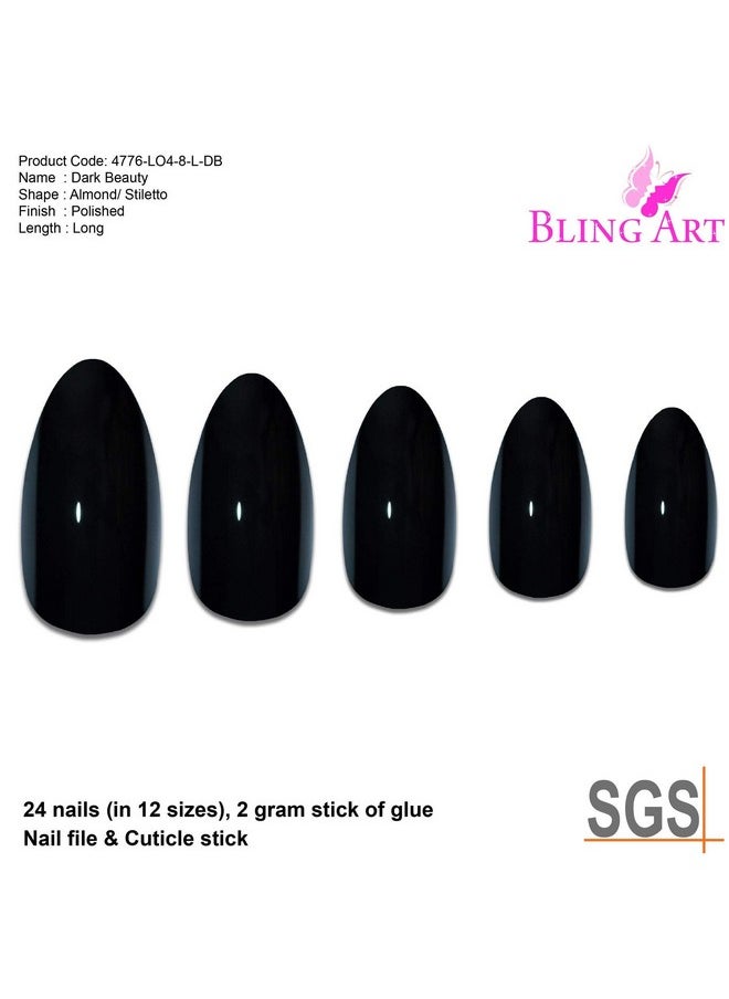 False Nails Bling Art Almond Fake Stiletto Black Acrylic 24 Long Tips with Glue