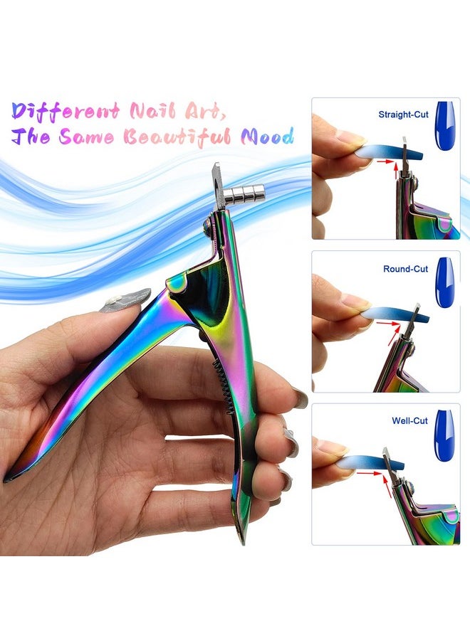 Acrylic Nail Cutter with Magnet Sizer & Length Measurement,Adjustable Stainless Nail Trimmer for Salon Home Nail Art, Professional Nail Clippers for Precise Manicures (Rainbow)