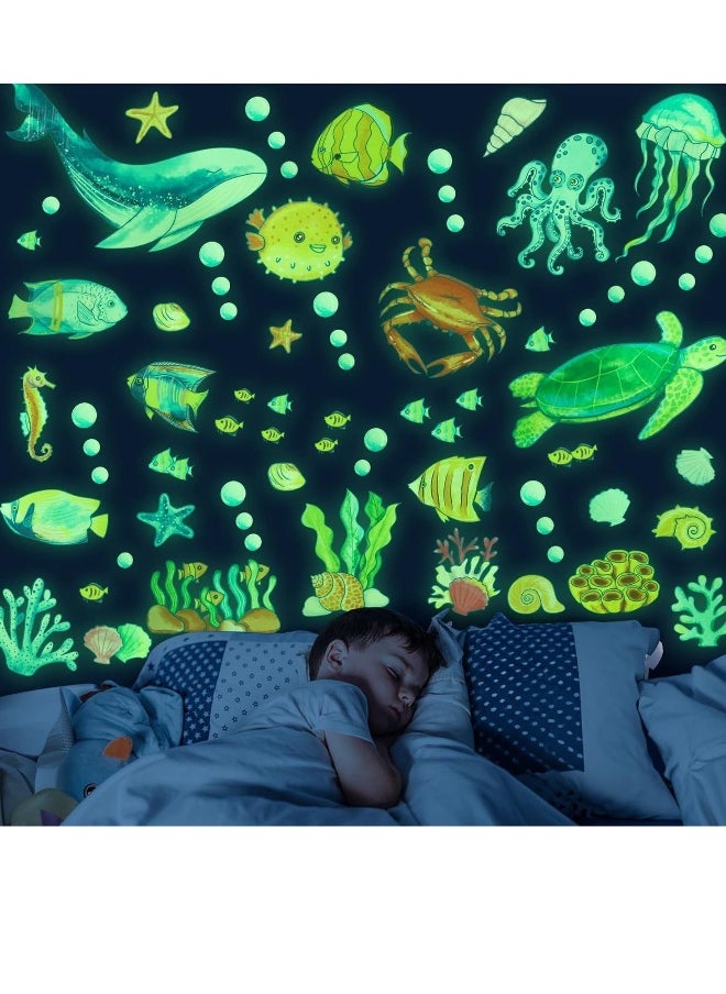 Ocean Fish Wall Decals Glow in The Dark, Removable Sea Turtle Wall Stickers, Luminous Wall Decor for Nursery Playroom Bedroom, Birthday Gift Decoration