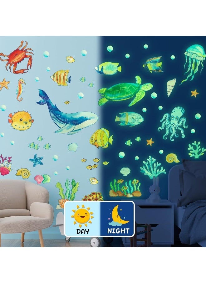 Ocean Fish Wall Decals Glow in The Dark, Removable Sea Turtle Wall Stickers, Luminous Wall Decor for Nursery Playroom Bedroom, Birthday Gift Decoration