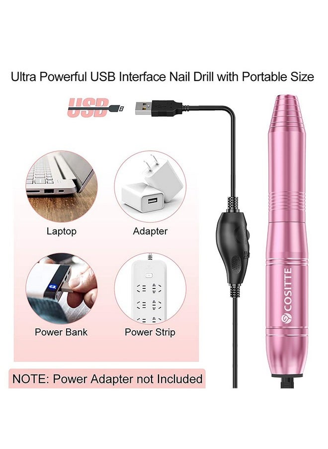 COSITTE Electric Nail Drill,USB Electric Nail Drill Machine for Acrylic Nail Kit,Portable Electric Nail File Polishing Tool Manicure Pedicure Kit Efile Nail Supplies for Home Salon,Pink