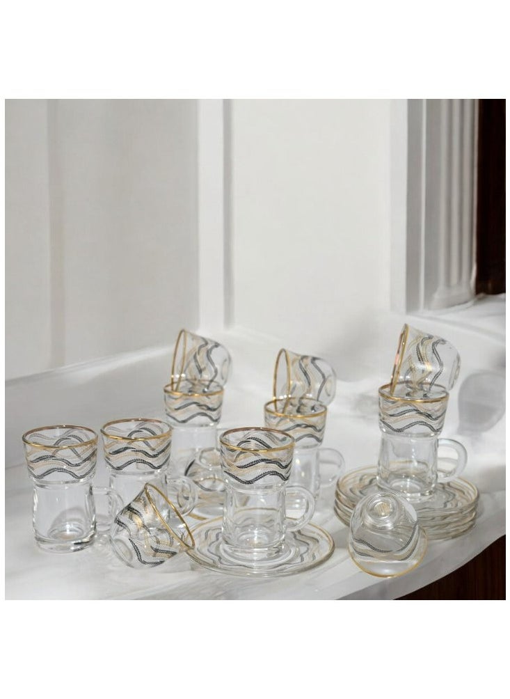 18-Piece Coffee &Tea Cup Vintage And Luxury Glass Set With Saucer Golden &Sliver