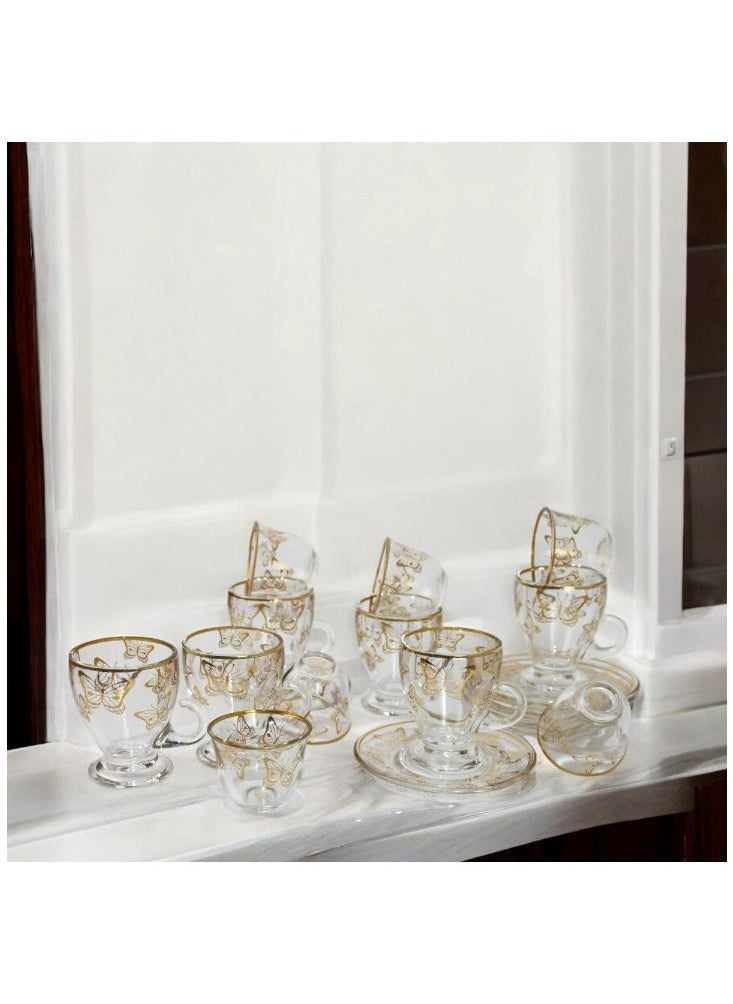 18-Piece Coffee &Tea Cup Vintage And Luxury Glass Set With Saucer Golden &Sliver