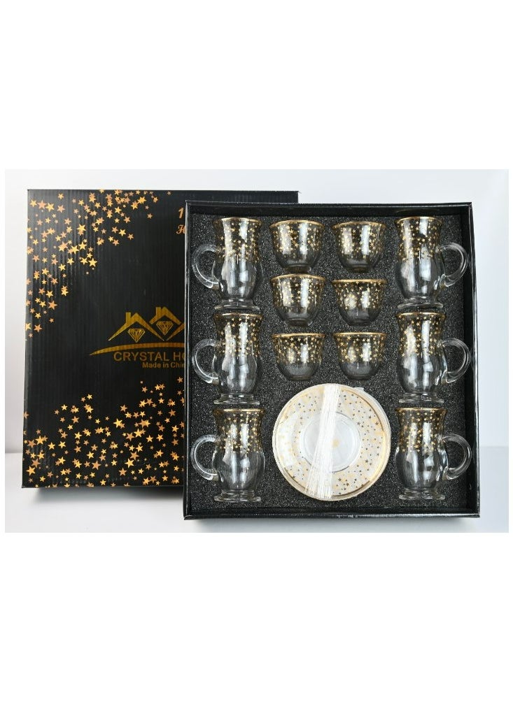 18-Piece Coffee &Tea Cup Vintage And Luxury Glass Set With Saucer Golden &Sliver