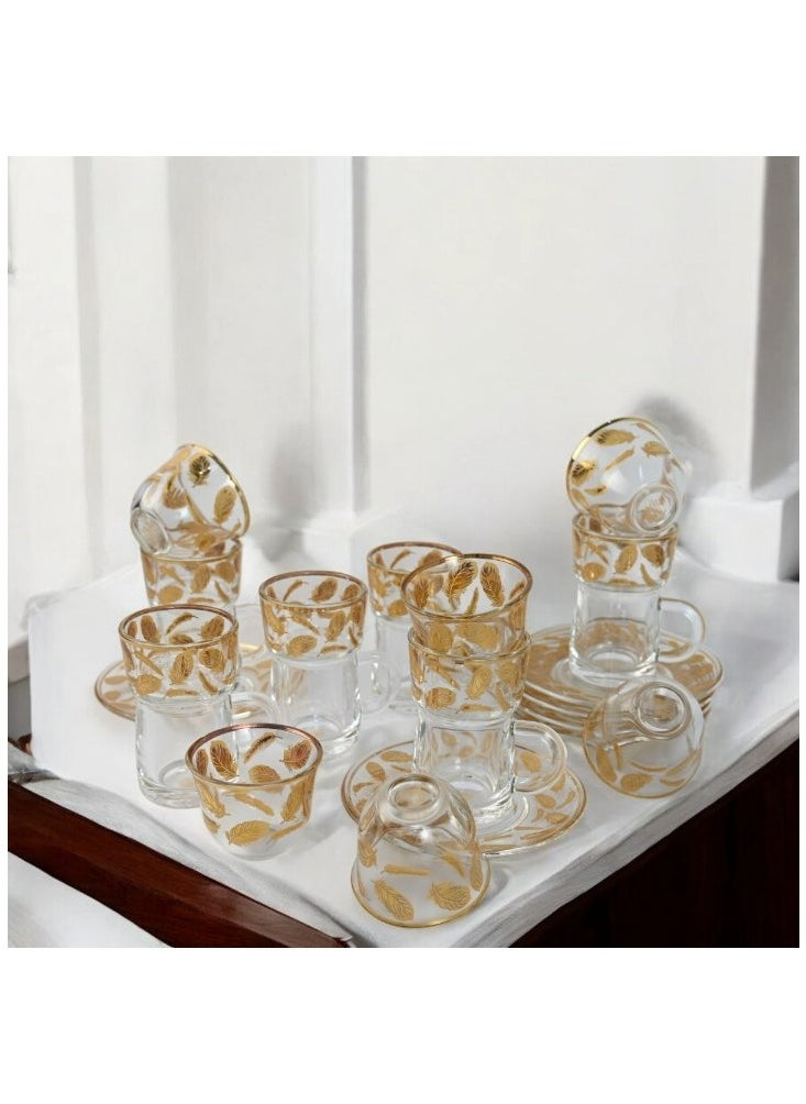 18-Piece Coffee &Tea Cup Vintage And Luxury Glass Set With Saucer Golden &Sliver