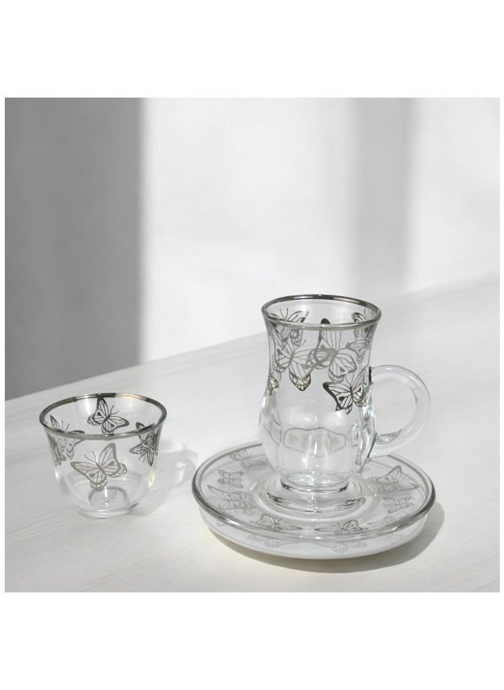 18-Piece Coffee &Tea Cup Vintage And Luxury Glass Set With Saucer Golden &Sliver