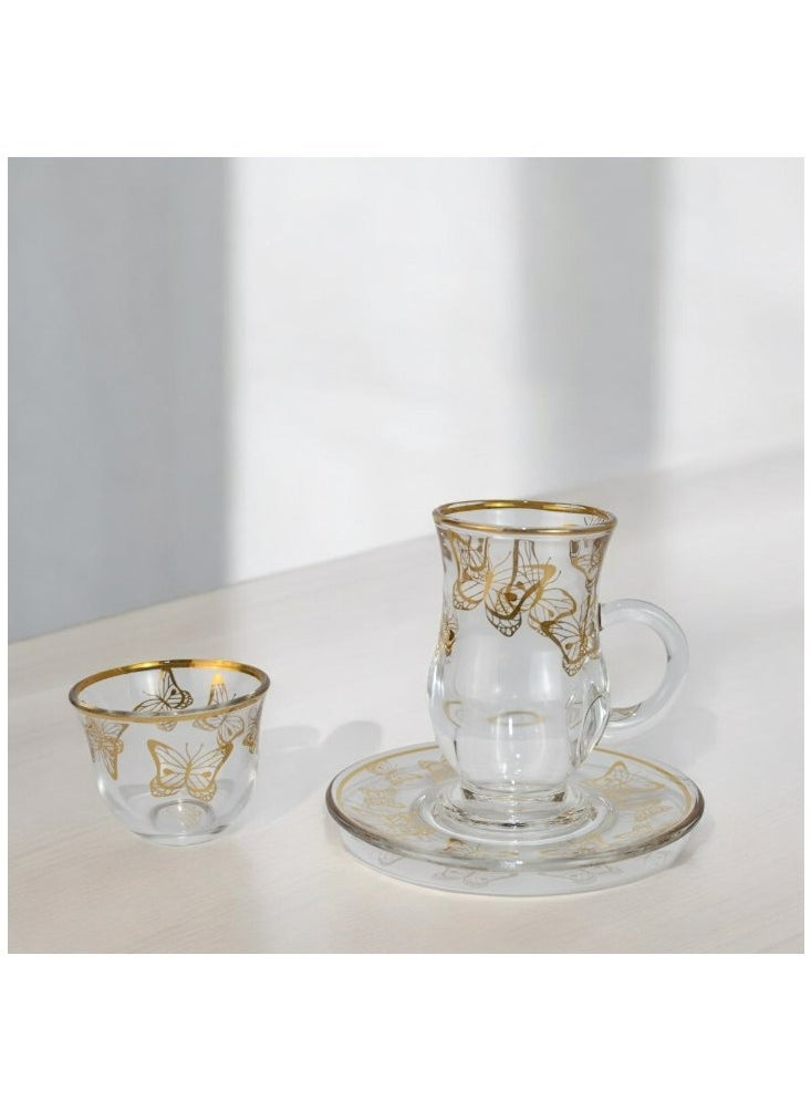 18-Piece Coffee &Tea Cup Vintage And Luxury Glass Set With Saucer Golden &Sliver