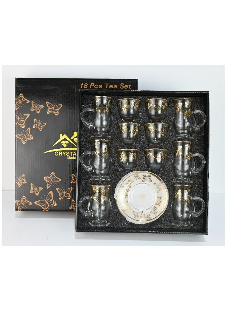 18-Piece Coffee &Tea Cup Vintage And Luxury Glass Set With Saucer Golden &Sliver