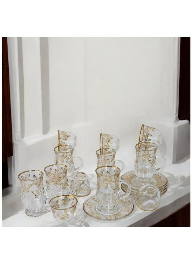 18-Piece Coffee &Tea Cup Vintage And Luxury Glass Set With Saucer Golden &Sliver