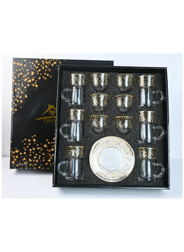 18-Piece Coffee &Tea Cup Vintage And Luxury Glass Set With Saucer Golden &Sliver