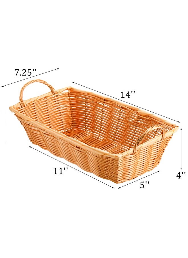Yesland 6 Pcs Poly Wicker Bread Basket with Handle, 14 Inch Rectangular Imitation Rattan Fruit Storage Baskets - Stackable Empty Gift Basket for Vegetables, Food Serving, Display, Outdoor, Orange