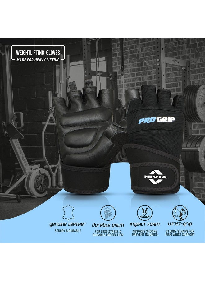 Nivia Pro Grip Genuine Leather Gloves,Gym Gloves for Men and Women Weightlifting Gloves,Stretch Fabric with Neoprene Strap, 1/2 Finger Durable Wight Lifting Gloves - Black(Large)