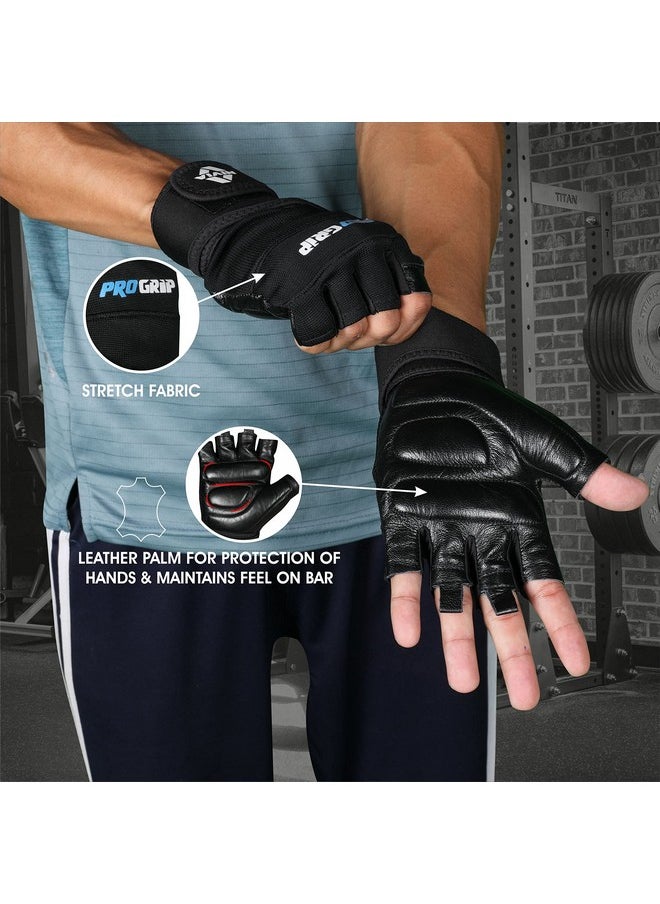Nivia Pro Grip Genuine Leather Gloves,Gym Gloves for Men and Women Weightlifting Gloves,Stretch Fabric with Neoprene Strap, 1/2 Finger Durable Wight Lifting Gloves - Black(Large)